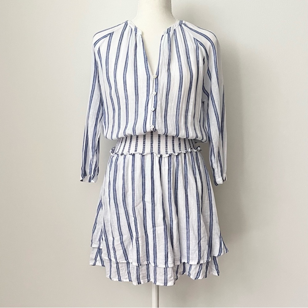 Rails Jasmine Mini Dress Villa Stripes Blue White XS Linen Blend Gauzy Beach
